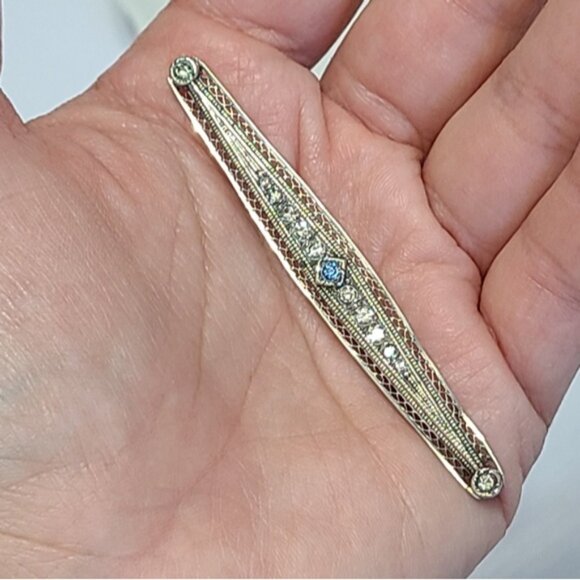 Vintage Slim Sterling Silver Pointer Blue White Crystal Bar Brooch - Picture 4 of 11